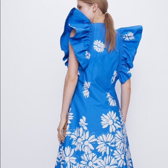 NEW ZARA 100% Cotton Flower Printed Blue Ruffle Dress - Picture 2 of 14